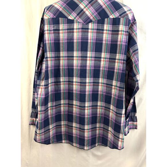 Vintage Wrangler Western Pearl Snap Shirt Mens XL Plaid Blue Purple Cowboy 90s - Picture 2 of 12